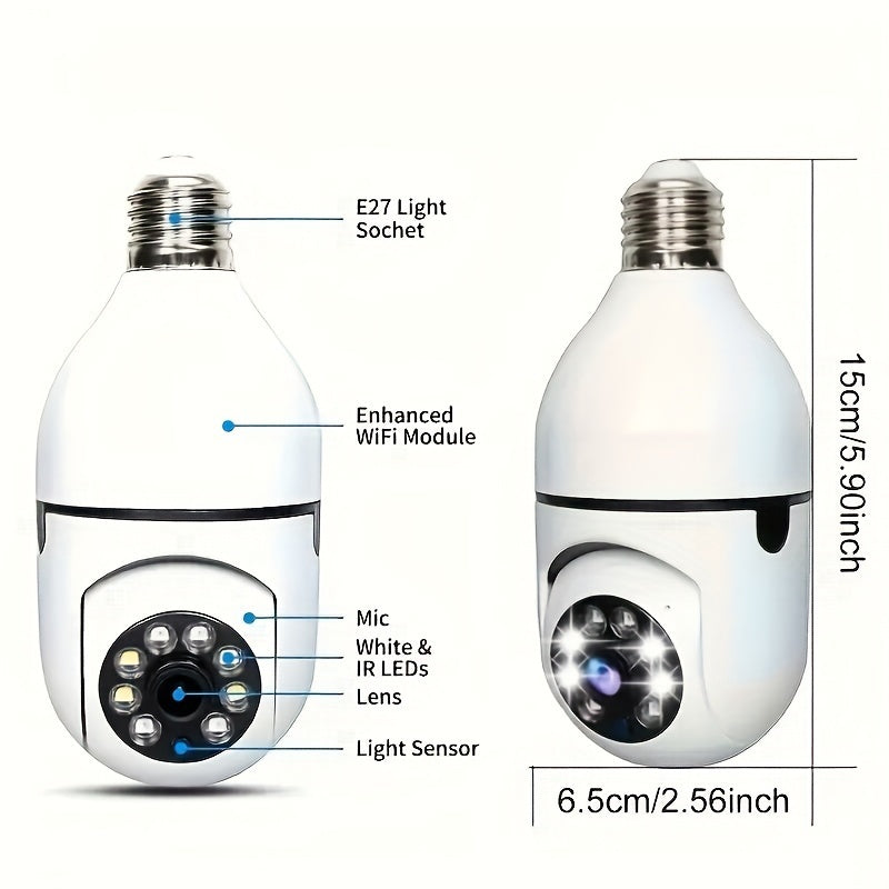 Câmera E27 Bulb com rastreamento automático,visão noturna colorida e recursos de áudio bidirecional